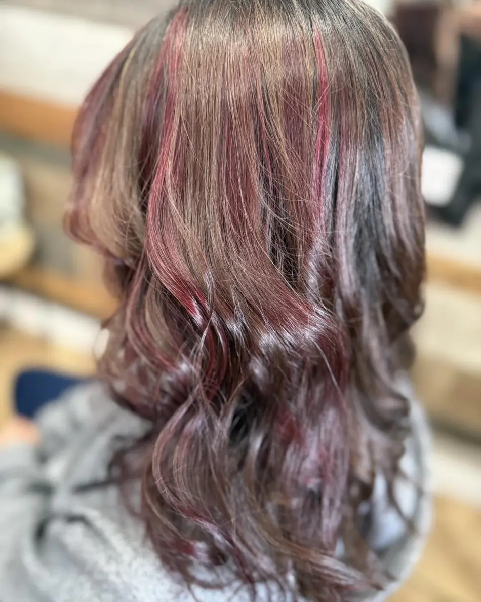 Rose and pink tones woven through greying hair, back view