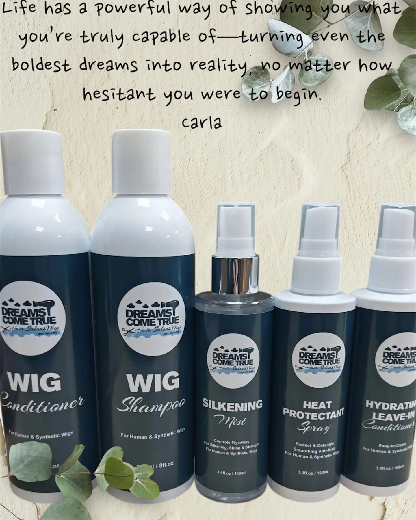 The salon's wig-care line on a shelf: shampoo, conditioner, silkening mist, heat protector and hydrating leave-in